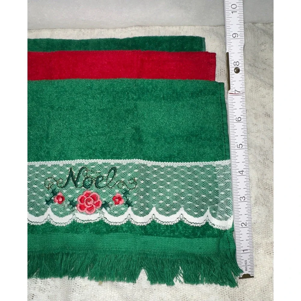 Christmas Towels Embroidered Joy Noel Bells Red Green Set of 3‎
